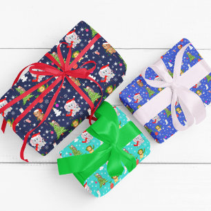 Feuille De Papier Cadeau Animaux de zoo de Noël en bleu