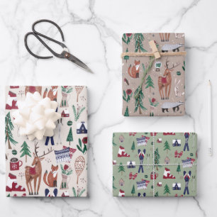Feuille De Papier Cadeau Animaux des bois motif de Noël ski nordique