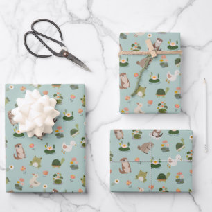 Feuille De Papier Cadeau Animaux d'étang et nénuphars sur vert pistache