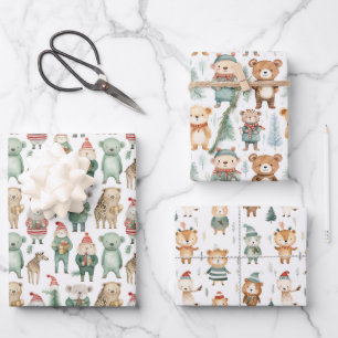 Feuille De Papier Cadeau Animaux d'hiver de Noël en pulls