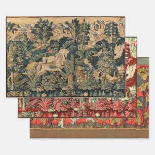 Feuille De Papier Cadeau ANIMAUX D'IMAGINAIRE, CHEVAUX, BOIS Bleu Rouge Flo