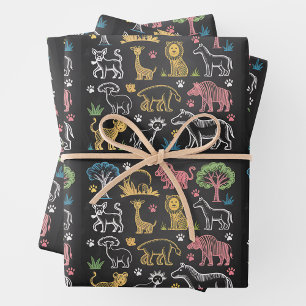Feuille De Papier Cadeau Animaux et arbres de la jungle aux couleurs vives