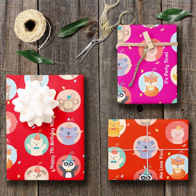 Feuille De Papier Cadeau Animaux mignons en Casquette de fête Enfants Rouge (Créateur téléchargé)