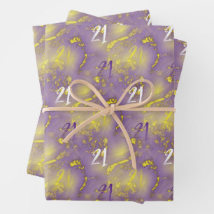 Feuille De Papier Cadeau Anniversaire 21 ans élégant violet et or faux