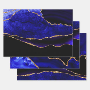 Feuille De Papier Cadeau Anniversaire Agate Bleu et Or Paillettes Luxueux