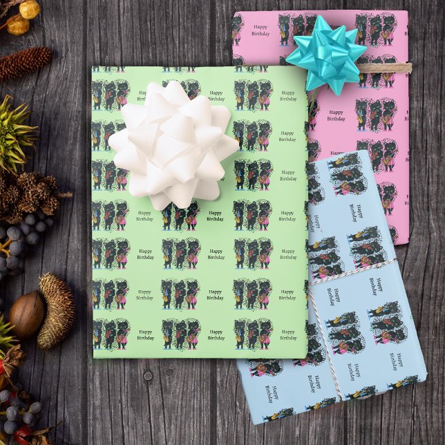 Feuille De Papier Cadeau Anniversaire Black Cat Musicians Heart of Music No (Black cats playing music hearts of music notes on green, blue and pink gift wrapping paper sheets.)