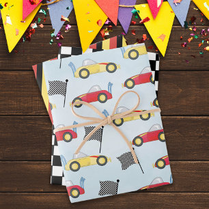 Feuille De Papier Cadeau Anniversaire Boy Whimsical Race Cars mignon Motif