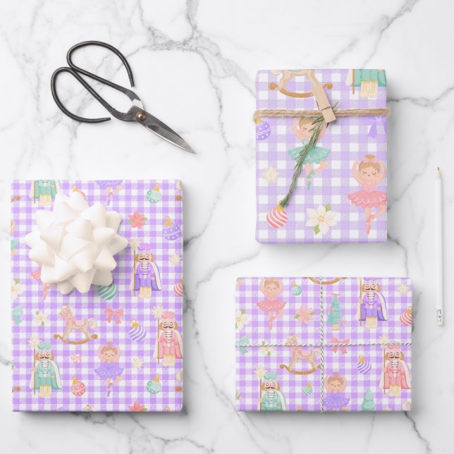 Feuille De Papier Cadeau Anniversaire Casse-Noisette Gingham Violet (Recto)