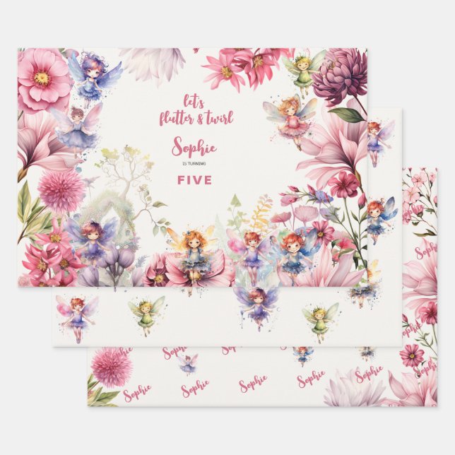 Feuille De Papier Cadeau Anniversaire de enfant d'aquarelle de jardin de fé (Lot)