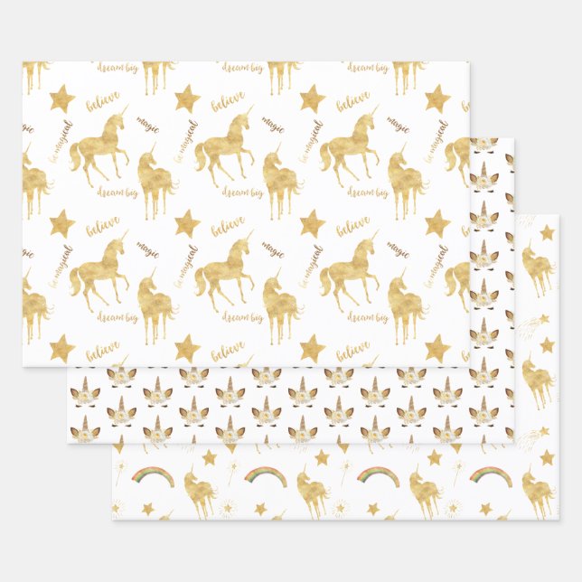 Feuille De Papier Cadeau Anniversaire de la licorne d'or (Lot)