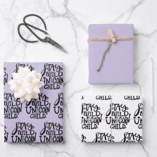 Feuille De Papier Cadeau Anniversaire de Licorne Sauvage Lavande Violette
