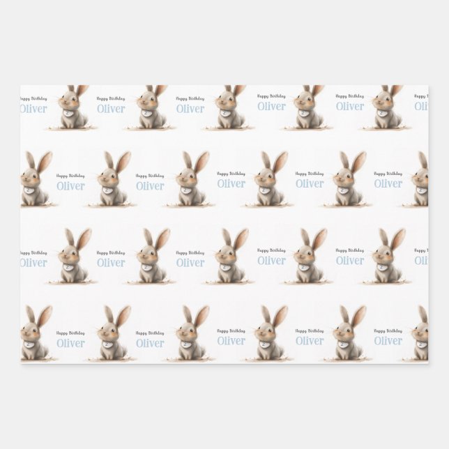Feuille De Papier Cadeau Anniversaire de petit garçon Lapin mignon (Devant 3)