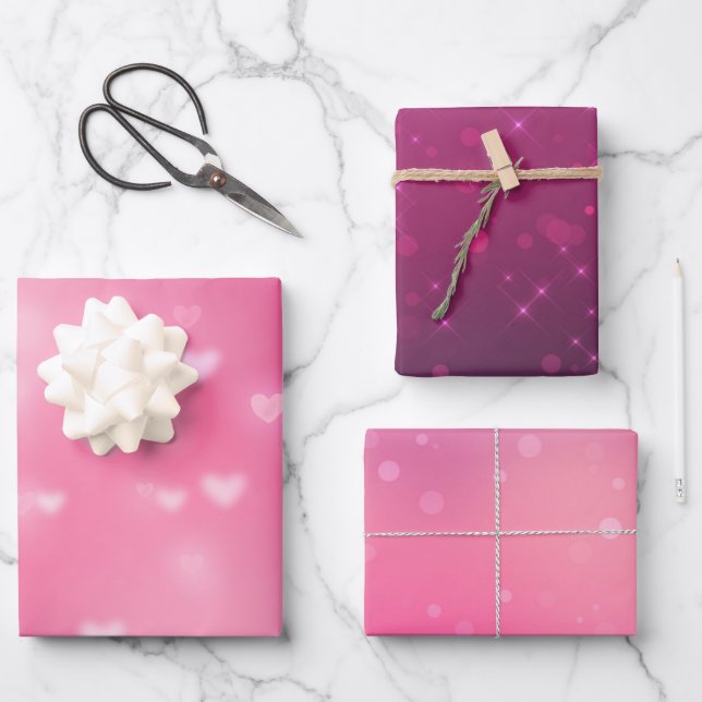 Feuille De Papier Cadeau Anniversaire des Coeurs Bokeh roses (Recto)