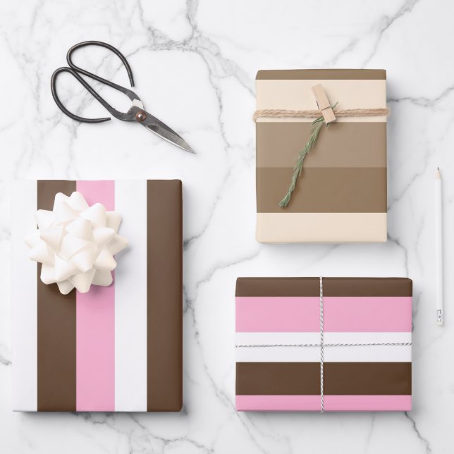 Feuille De Papier Cadeau Anniversaire des rayures rose, chocolat et blanche (Recto)