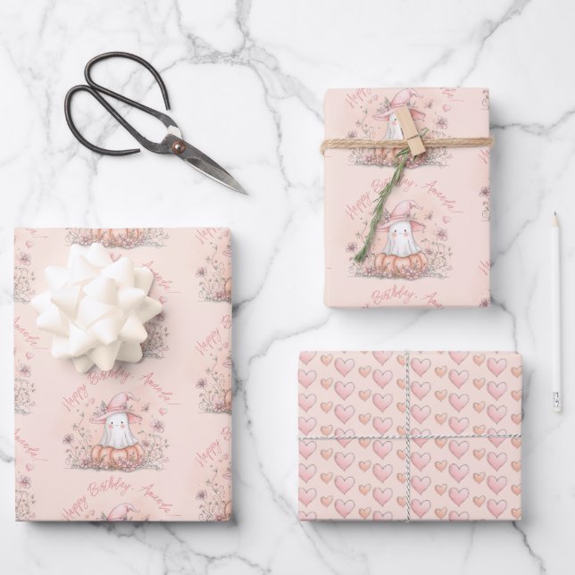 Feuille De Papier Cadeau Anniversaire du fantôme mignon personnalisé (Recto)