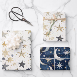 Feuille De Papier Cadeau Anniversaire Étoiles Bleu Argent Or