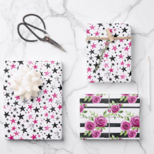 Feuille De Papier Cadeau Anniversaire Étoiles Fleurs Rayures Noir Rose Arge
