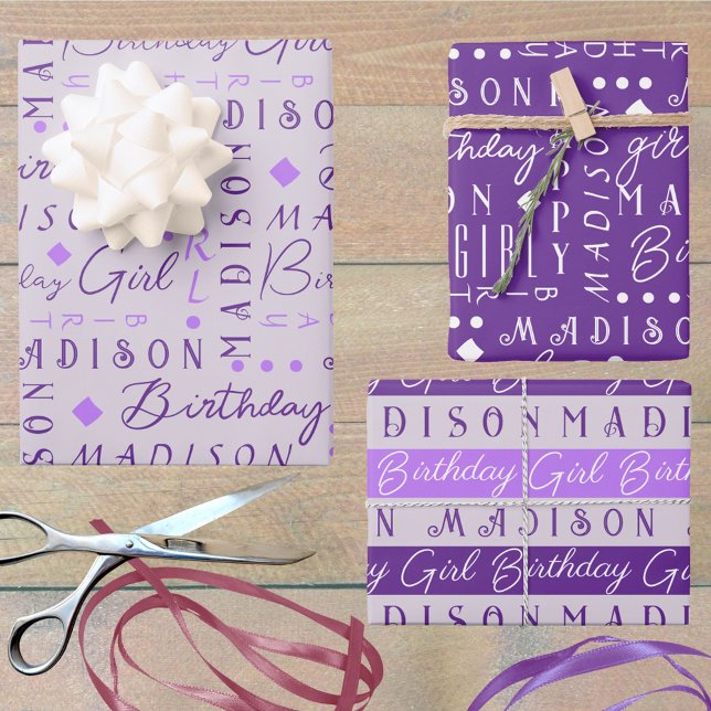 Feuille De Papier Cadeau Anniversaire Fille Purple mignonne Ajouter Un Nom  (Add a name - or three - to this cute purple Birthday Girl wrapping paper assortment fun for all ages)