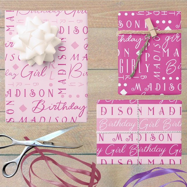 Feuille De Papier Cadeau Anniversaire Fille Rose mignonne Ajouter Un Nom Pe (Add a name - or three - to this cute pink birthday girl wrapping paper assortment fun for any age)
