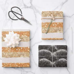 Feuille De Papier Cadeau Anniversaire Fleurs Noires Bandes Orange Paillette