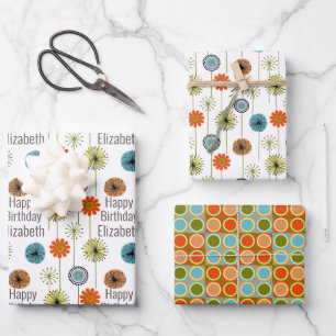 Feuille De Papier Cadeau Anniversaire Floral Moderne Du Milieu Du Siècle