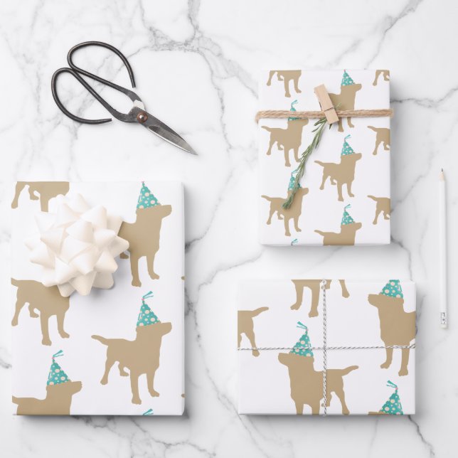 Feuille De Papier Cadeau Anniversaire Labrador Jaune Chien dans le Casquett (Recto)