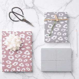 Feuille De Papier Cadeau Anniversaire Léopard Rose Blanc Gris
