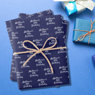 Feuille De Papier Cadeau Anniversaire marine bleu blanc nom script minimali