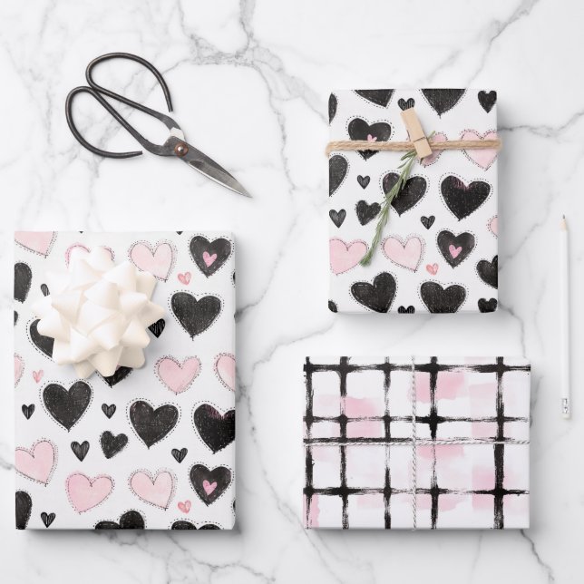 Feuille De Papier Cadeau Anniversaire Pink Black Hearts (Recto)