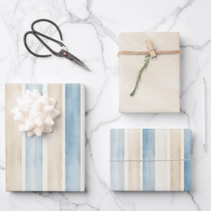 Feuille De Papier Cadeau Anniversaire Rayures Crème Bleu de Plage