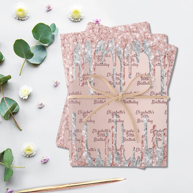Feuille De Papier Cadeau Anniversaire rose gouttes d'or rose argent nom (Créateur téléchargé)