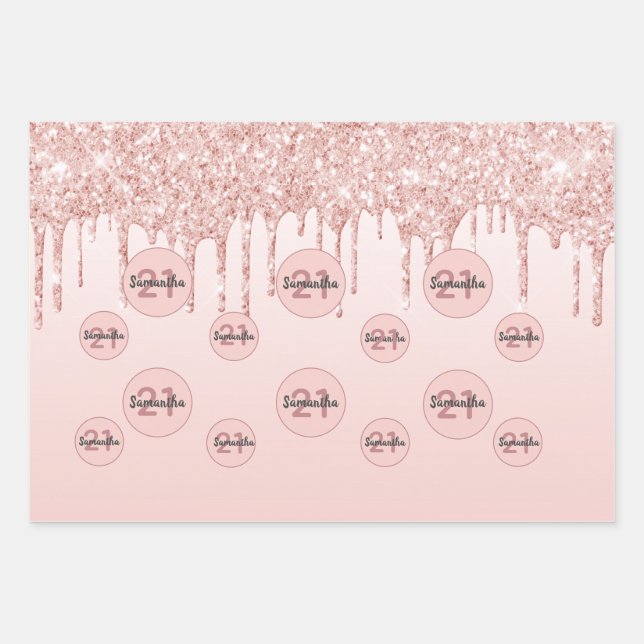 Feuille De Papier Cadeau Anniversaire rose or parties scintillant gouttes r (Devant)