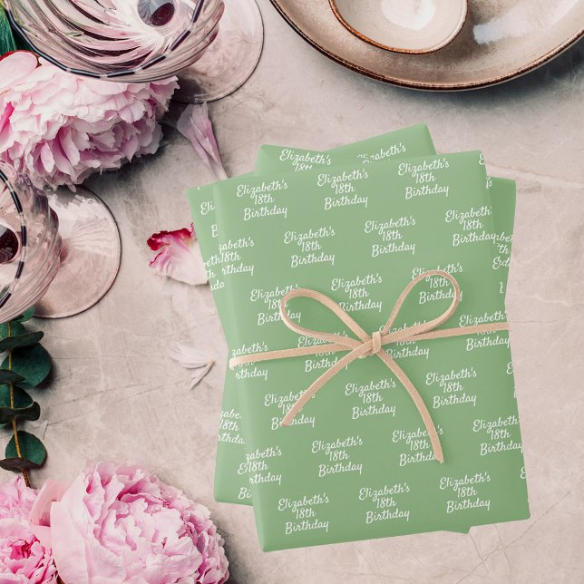 Feuille De Papier Cadeau Anniversaire sauge vert nom blanc (Créateur téléchargé)
