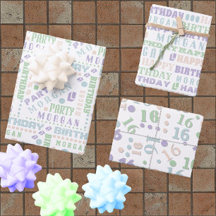 Feuille De Papier Cadeau Anniversaire Typographie Pastel N'Importe Quel Âge