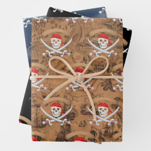 Feuille De Papier Cadeau Antique carte Pirate Jolly roger fête d'anniversai
