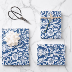 Feuille De Papier Cadeau Antique Floral bleu blanc