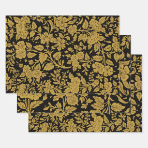 Feuille De Papier Cadeau Antique Or Floral Indien Laqué Noir Motif