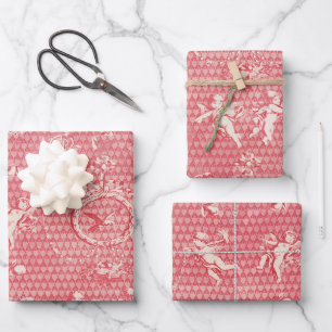 Feuille De Papier Cadeau Antique rose rouge Anges et Coeurs cupides