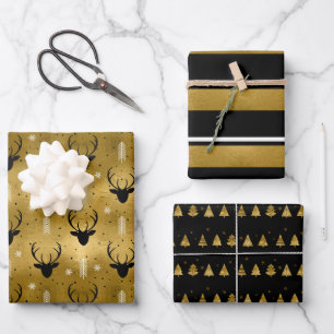 Feuille De Papier Cadeau Antler cerf de Noël, bandes, arbres Gold ID864