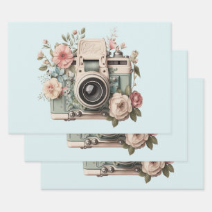 Feuille De Papier Cadeau Appareil photo avec image rétro pastel de fleurs