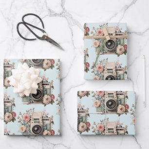 Feuille De Papier Cadeau Appareil photo avec motif d'image rétro pastel de 