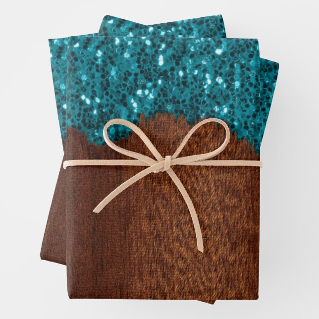 Feuille De Papier Cadeau Aqua bleu faux scintille bois rustique (En situation)