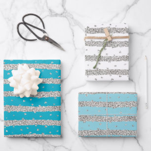 Feuille De Papier Cadeau Aqua Blue Silver Sparkly Confetti Stripes