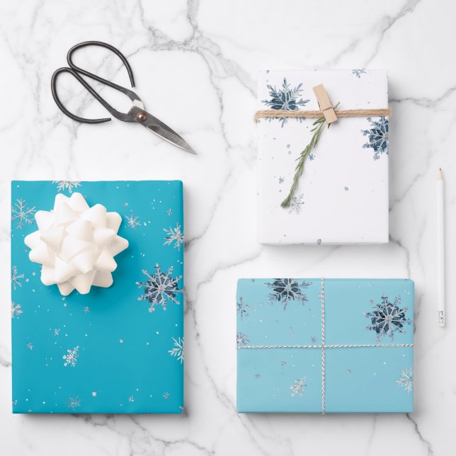 Feuille De Papier Cadeau Aqua Blue Silver White Christmas Snowflakes (Recto)