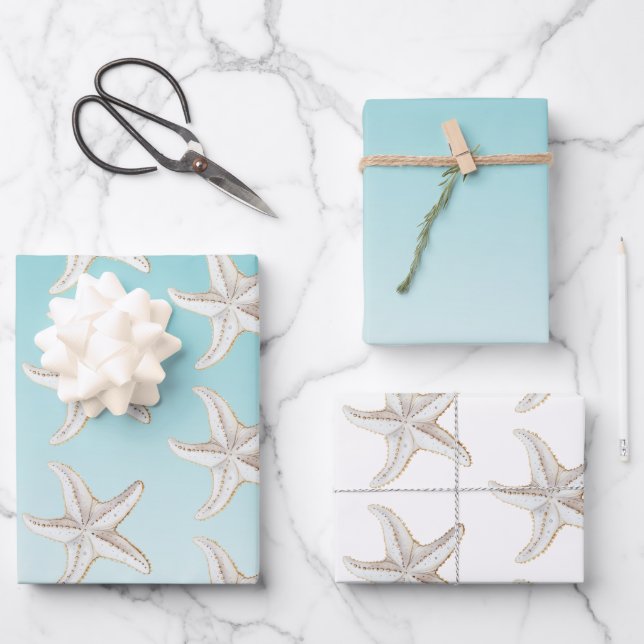 Feuille De Papier Cadeau Aqua Blue White Gold Starfish Fête des mariées de  (Recto)