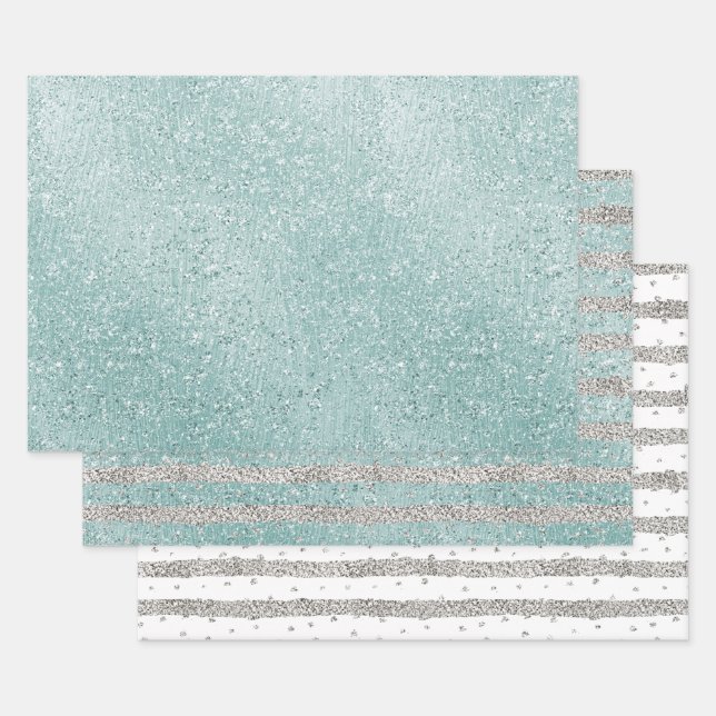 Feuille De Papier Cadeau Aqua Glitzy Ombre (Lot)