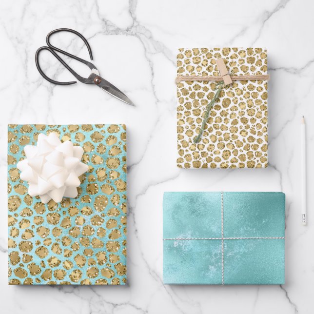 Feuille De Papier Cadeau Aqua Mint Gold Glitz Parties scintillant Leopard (Recto)