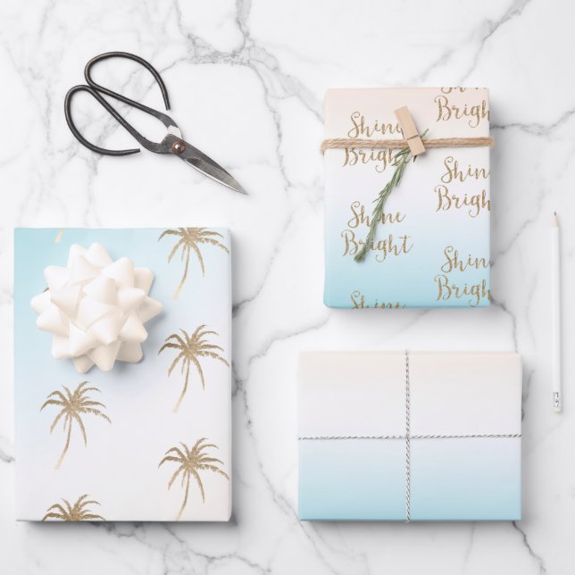 Feuille De Papier Cadeau Aqua Peach Gold Palm Tree Tropical (Recto)