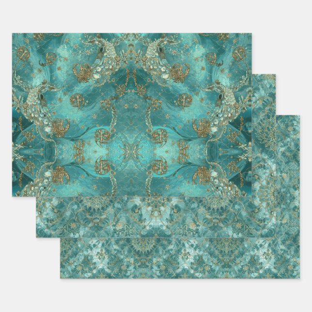 Feuille De Papier Cadeau Aqua Pearlescent & Gold Mermaid Scale Pattern  (Lot)