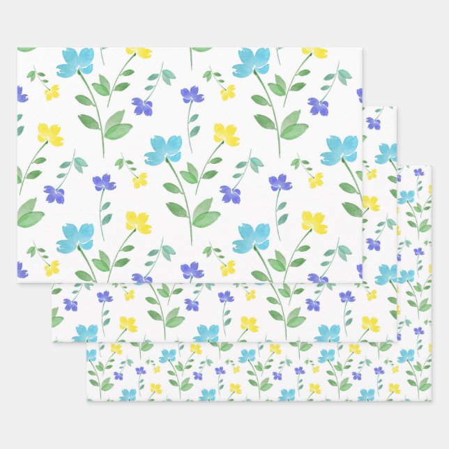 Feuille De Papier Cadeau Aqua, Périwinkle, Motif d'aquarelle jaune (Lot)